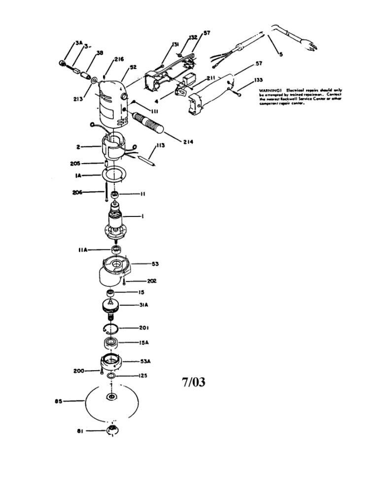 Rockwell Disc Sander Diagram and Parts List for 1096  Porter Cable Sander